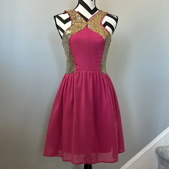 Sleeveless Pink with Gold Sequin Cocktail Dress - Picture 1 of 10